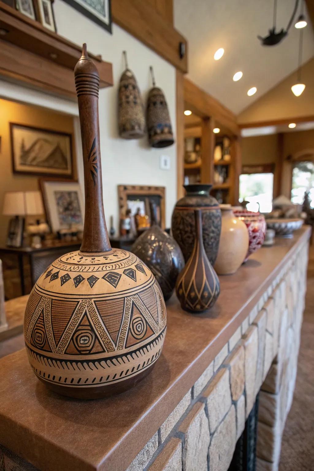 Cultural motif rattles add a worldly touch to your home.