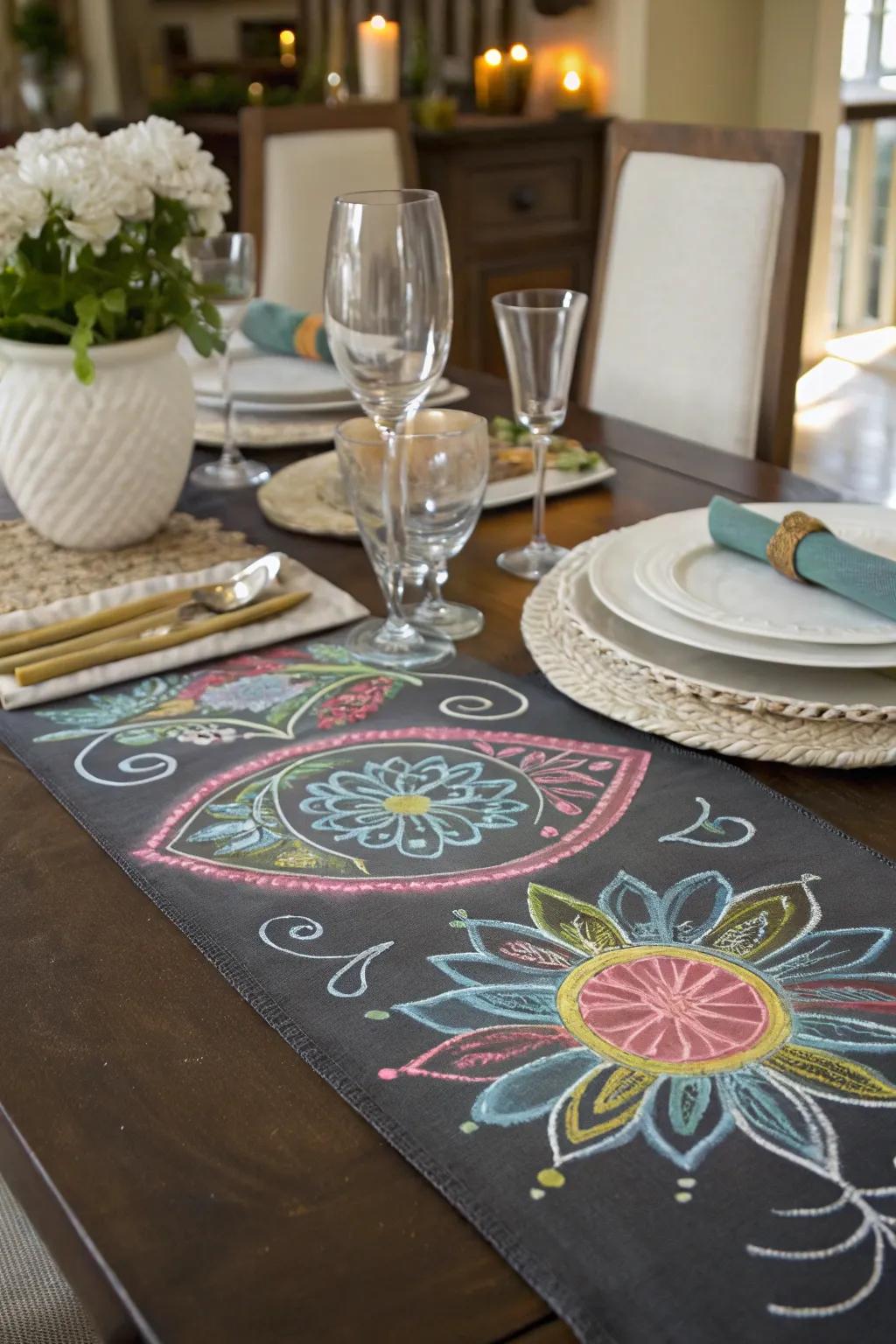 Chalk art table runners add a creative touch to dining settings.