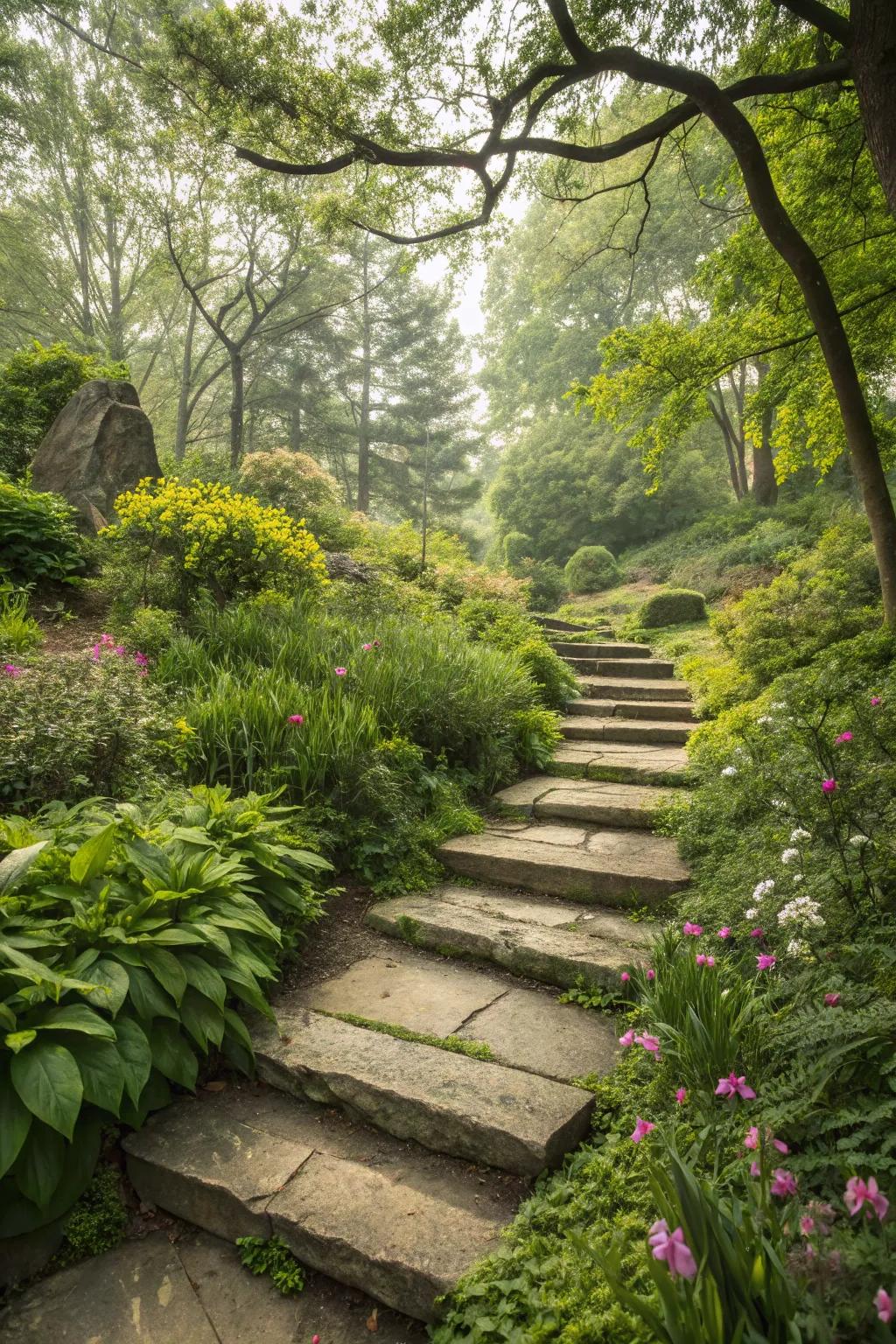 Stone slab steps create a dramatic and functional garden path.