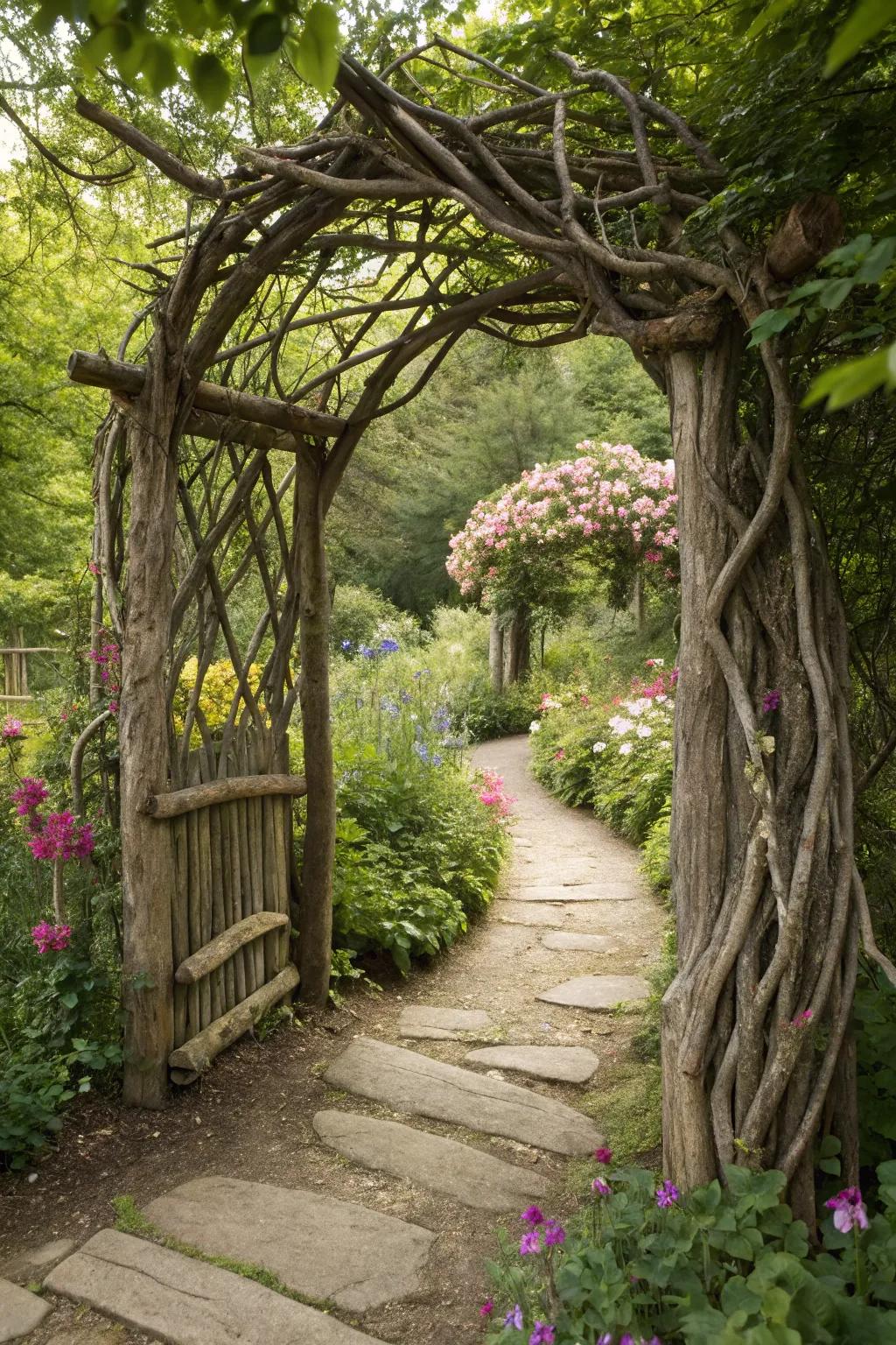 A whimsical branch weave garden gate, adding an enchanting touch to the garden path.