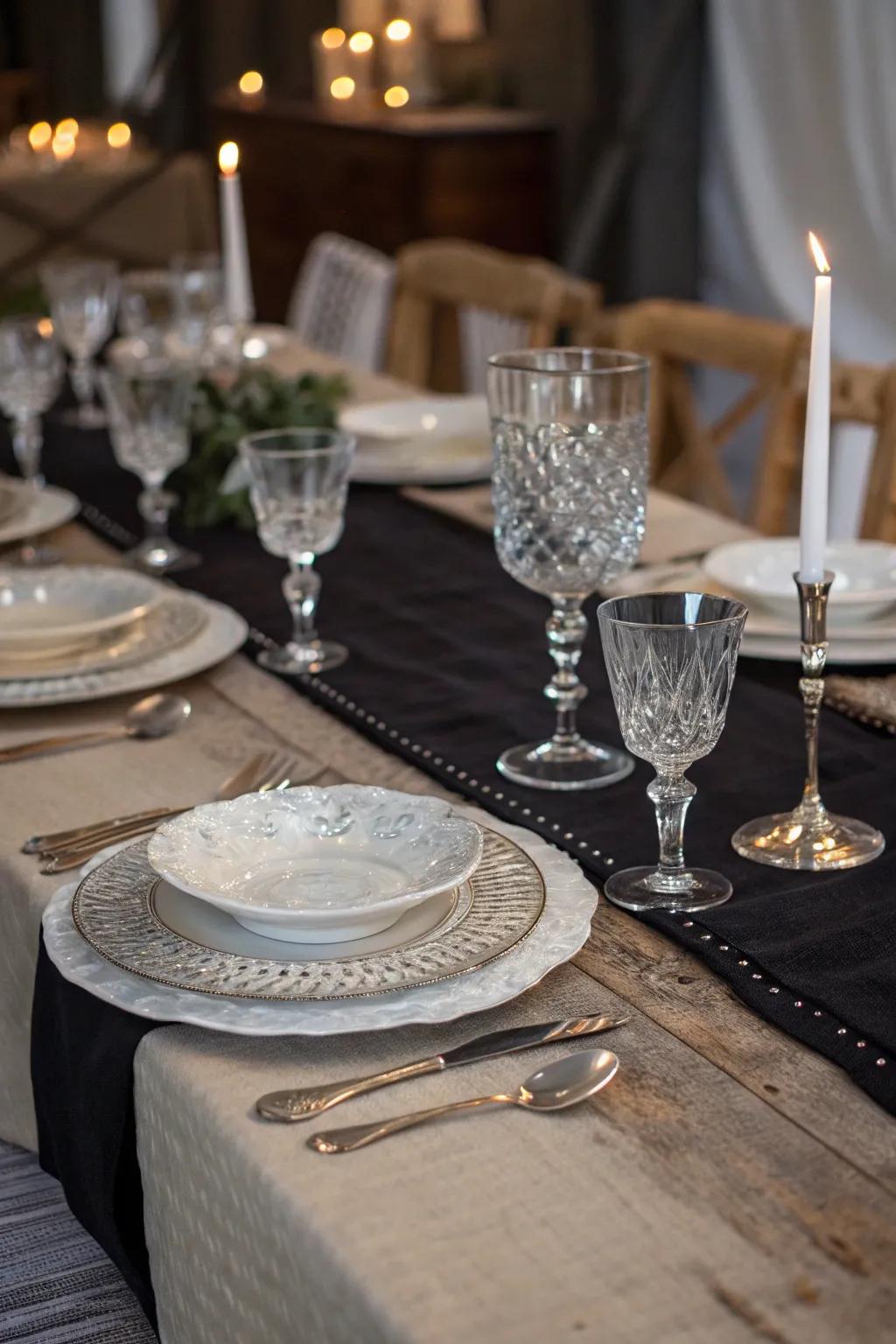 Elegant evening with a dark cheesecloth runner.