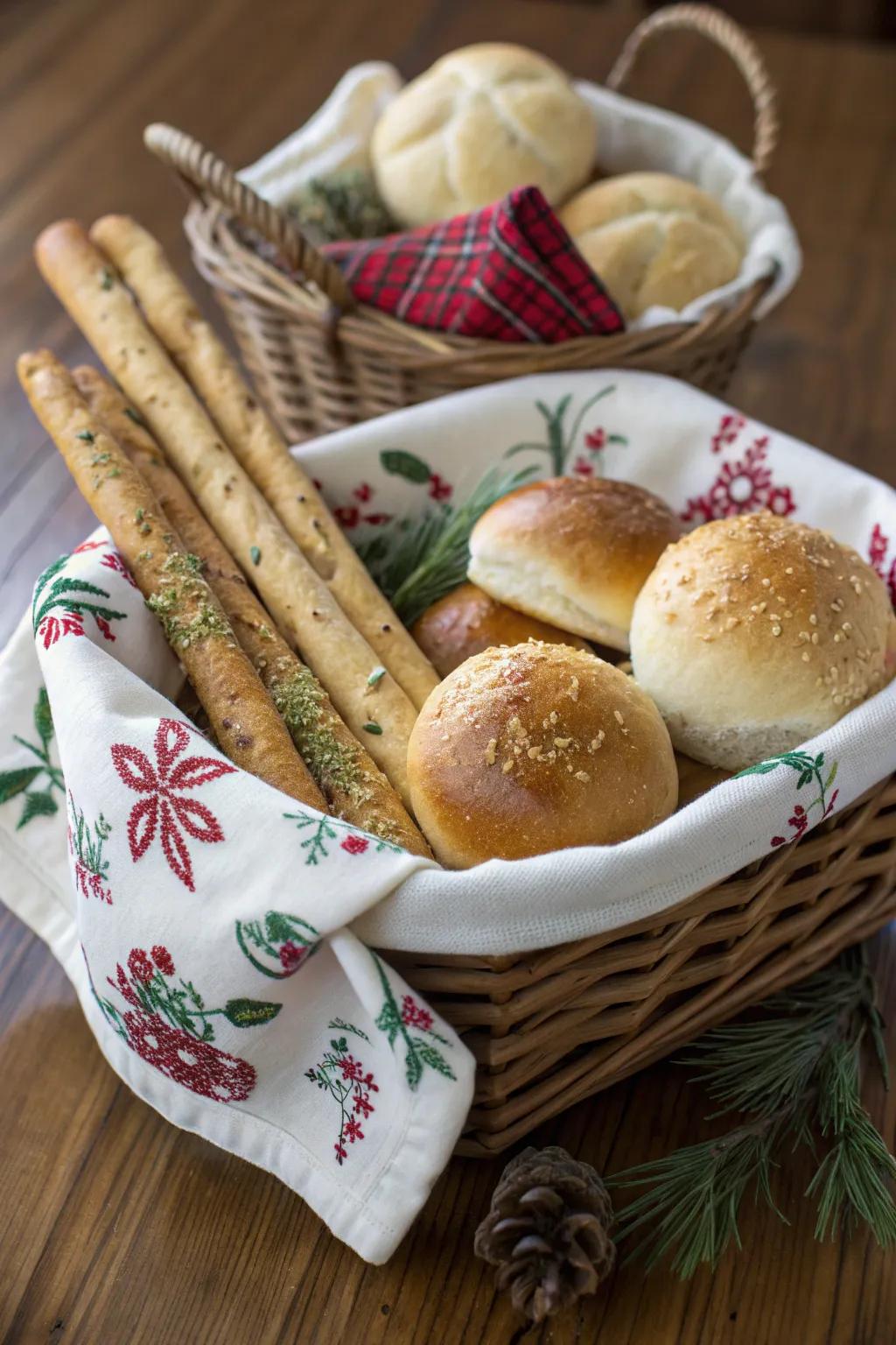 A charming bread basket adds warmth and rustic charm.