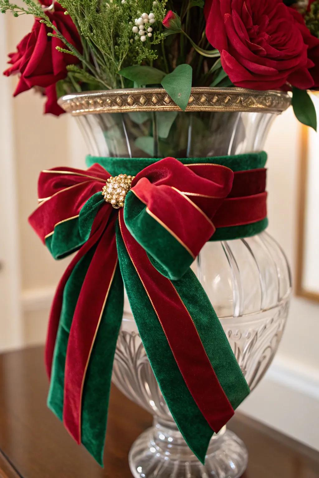 Add luxury with a plush velvet ribbon around your hurricane vase.