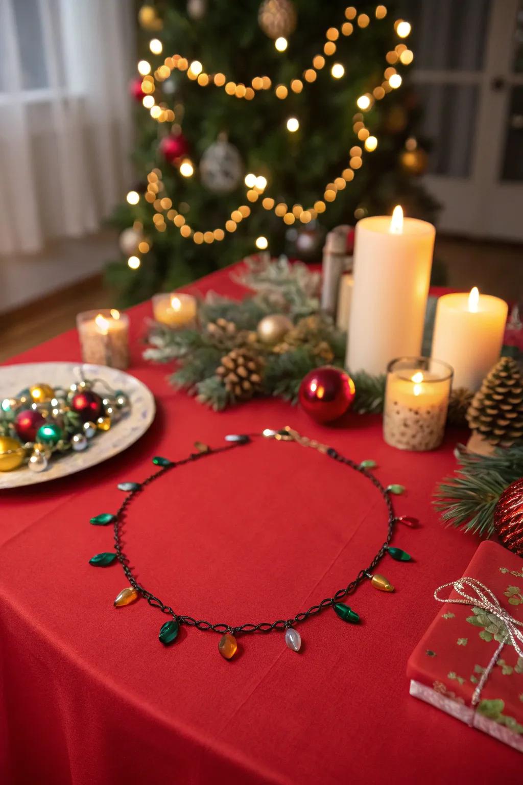 Illuminate your holiday look with a festive light necklace.