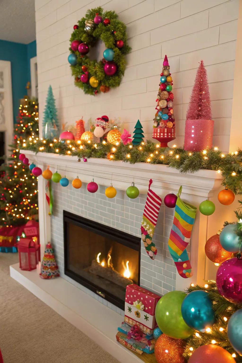 A bold and colorful Christmas mantel.