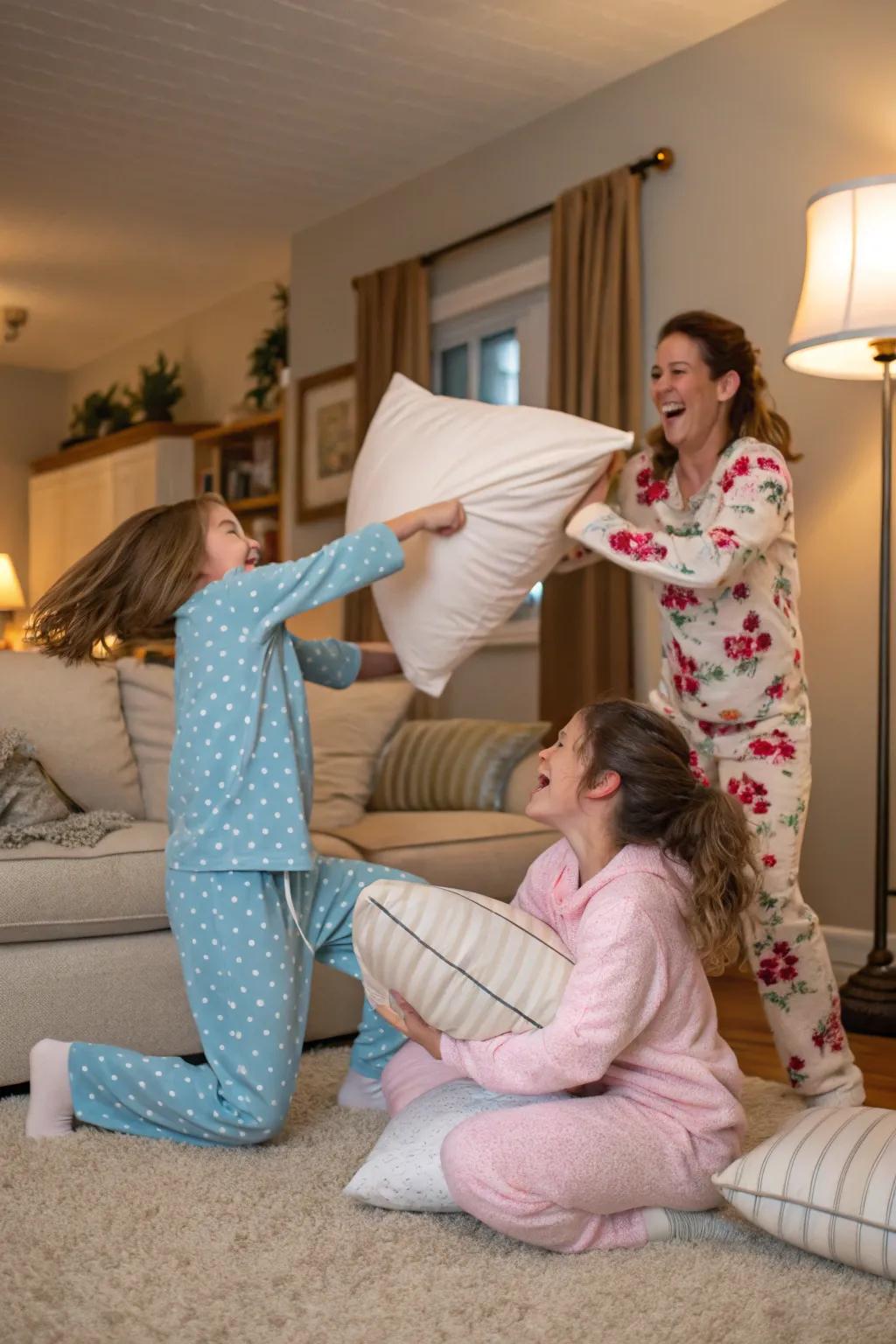 A lively and playful pillow fight captured in festive pajamas.