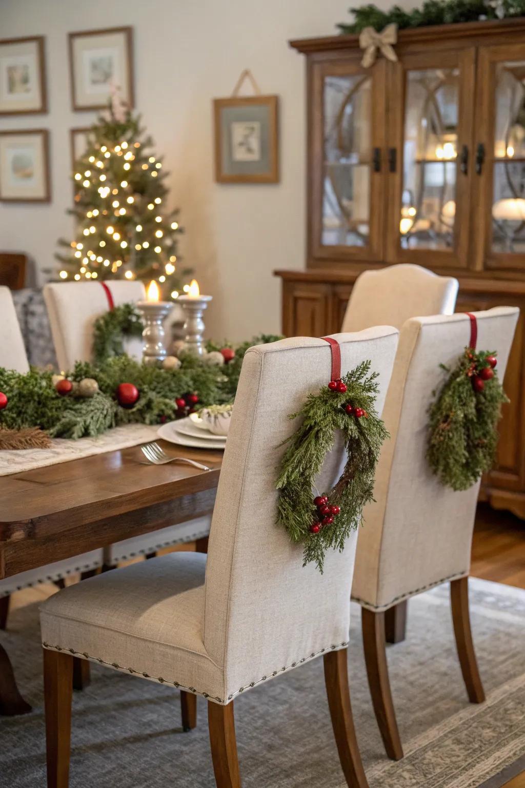 Chair wreaths add a festive touch to your dining room.