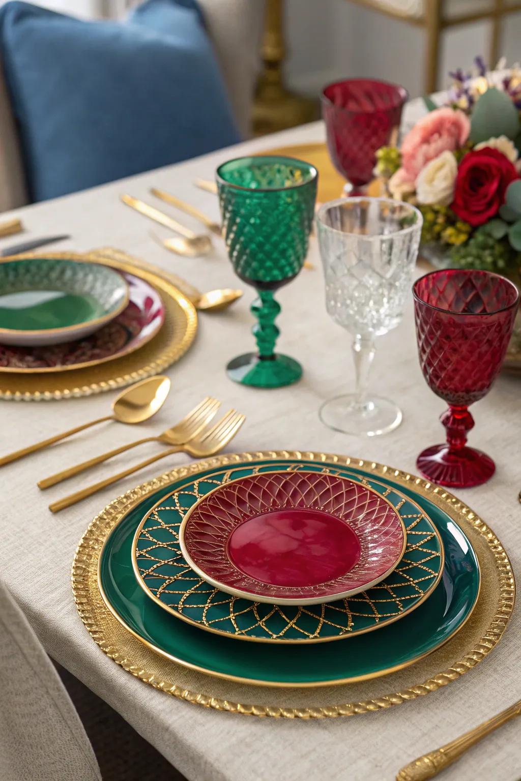 A luxurious table setting with rich jewel tones and gold details.