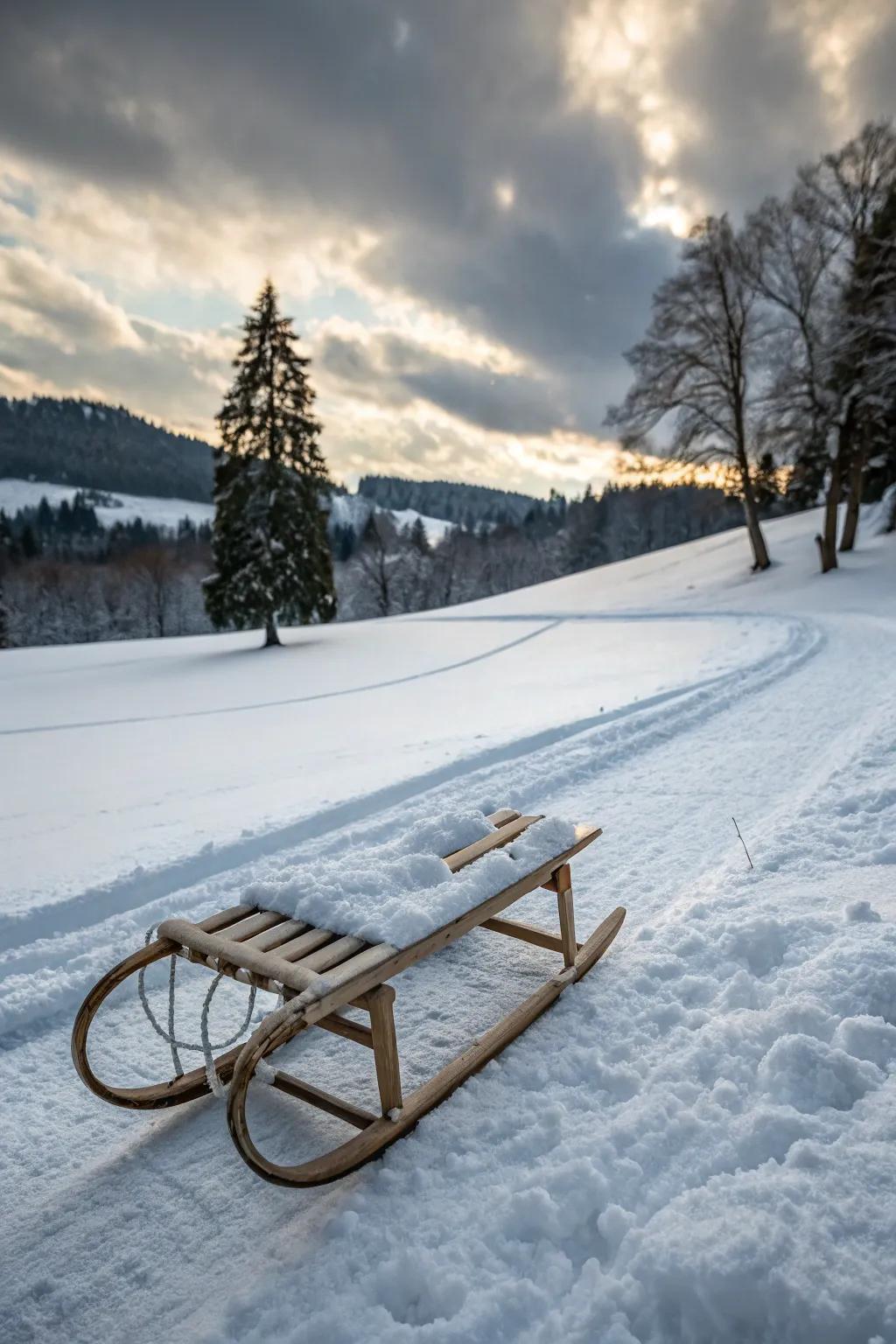 A snow-dusted sled looks freshly frosted.