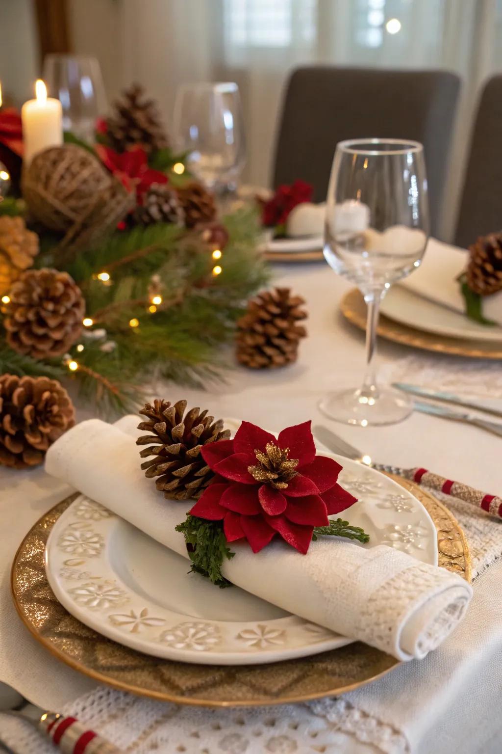 DIY pinecone flowers add an organic touch to your table decor.