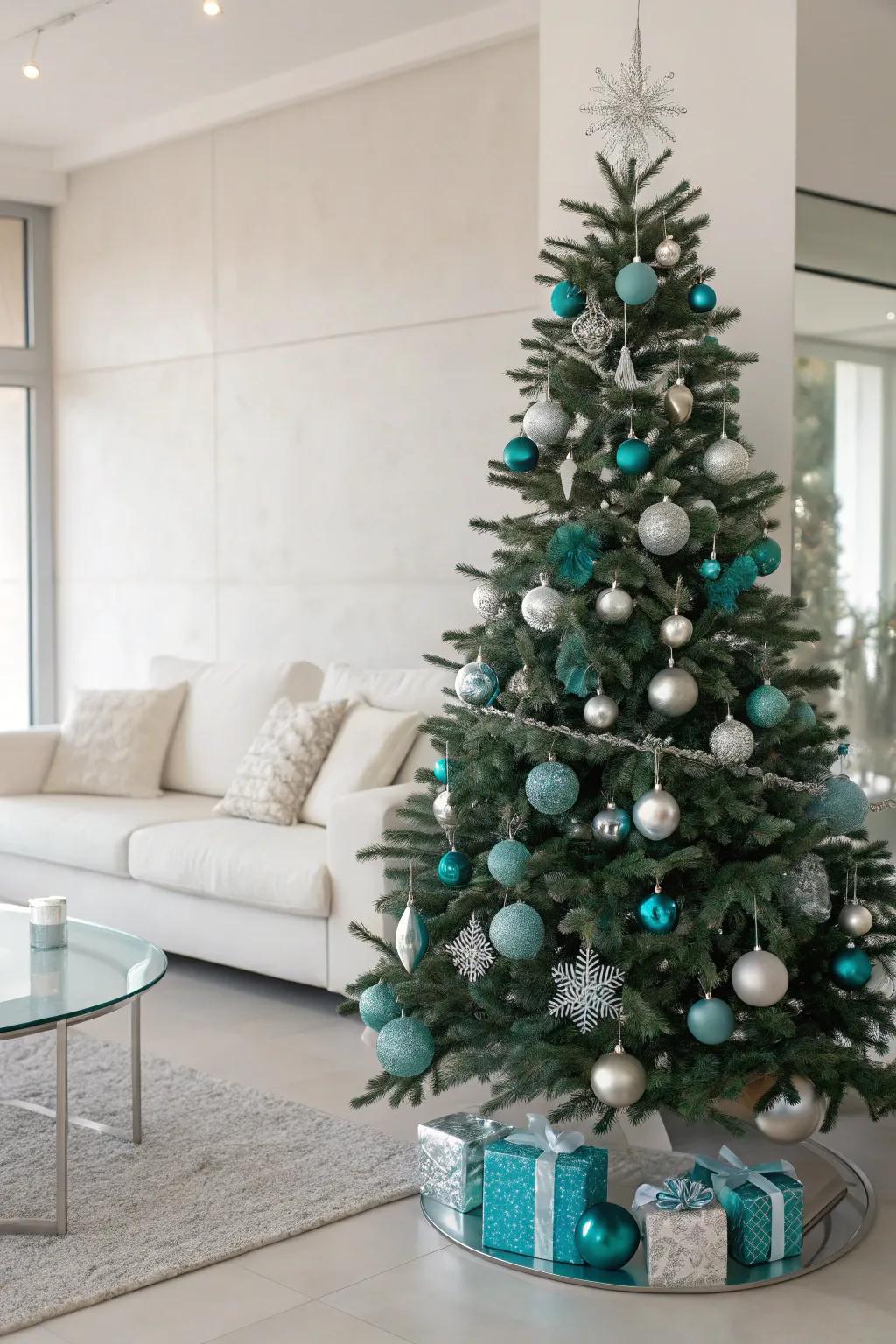 Achieve a modern twist with teal and silver Christmas decorations.