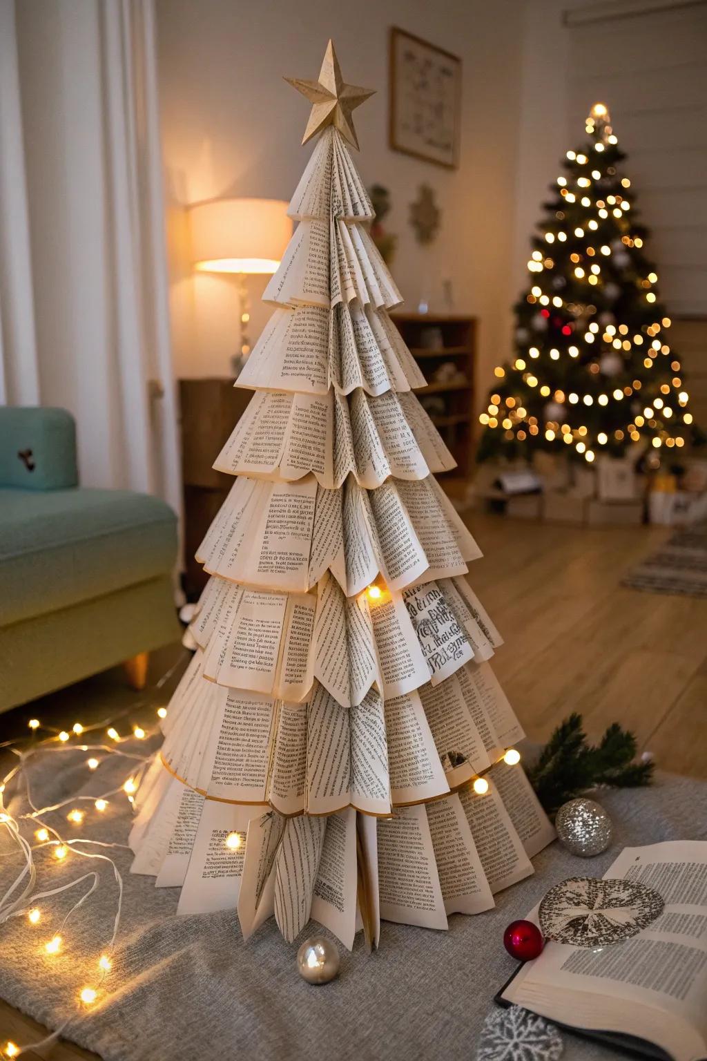 A charming tree made from recycled book pages brings eco-friendly charm.