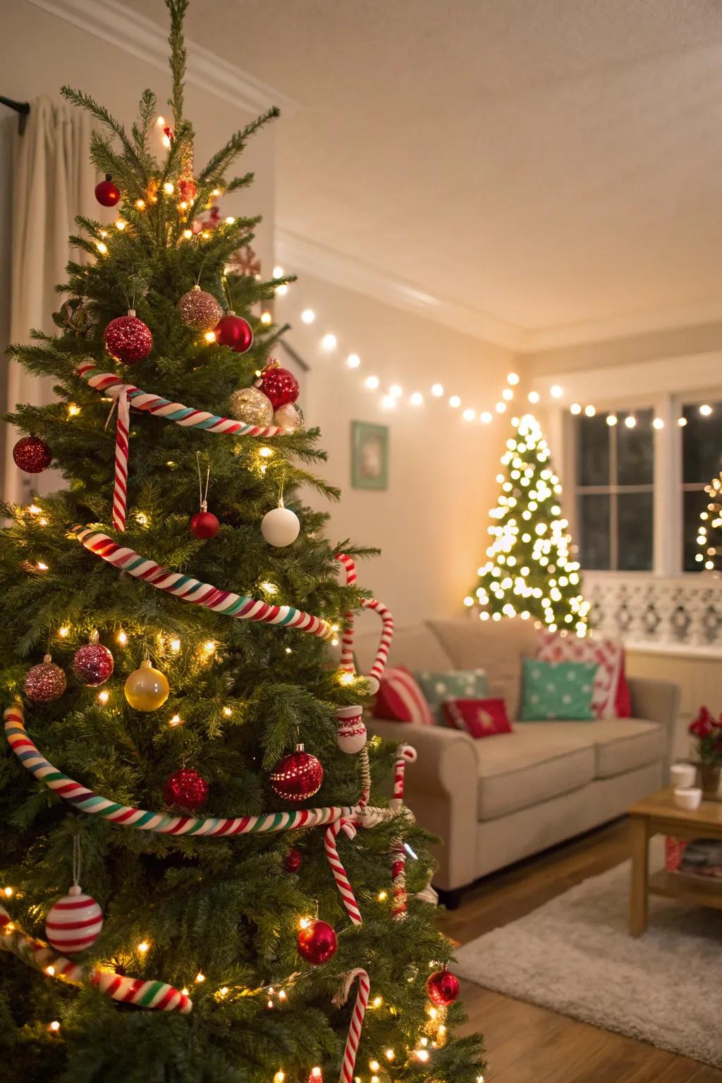 A festive Christmas tree with candy cane-striped garlands