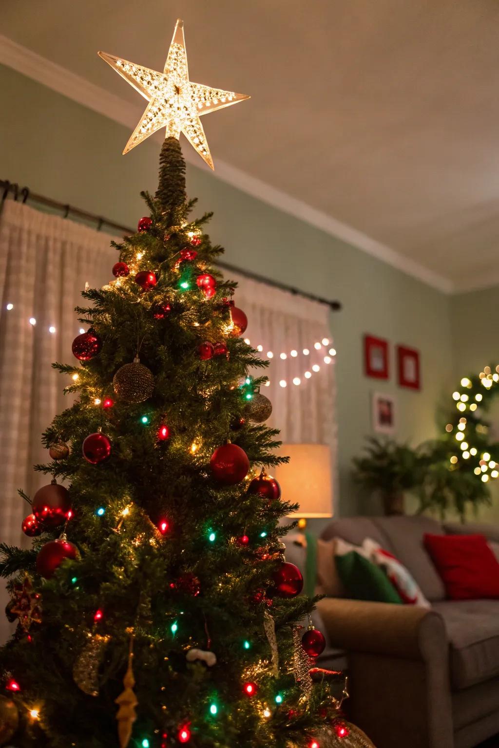 A glowing topper adding a finishing touch to a Christmas tree.