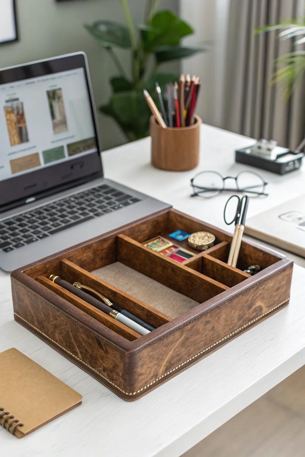 A chic office supply holder from a cigar box keeps your desk organized.