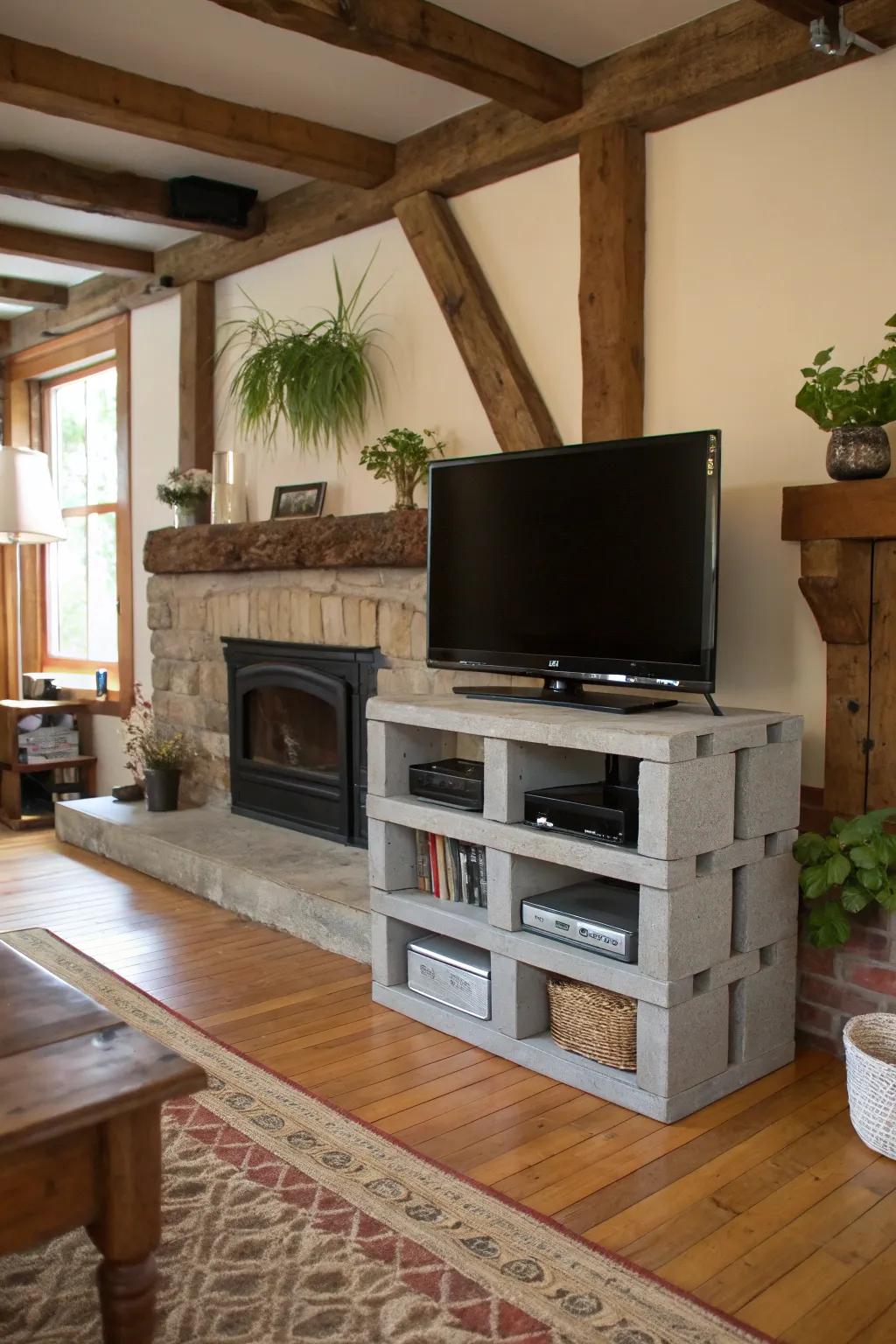 An eco-friendly cinder block TV stand made with recycled materials adds rustic charm.