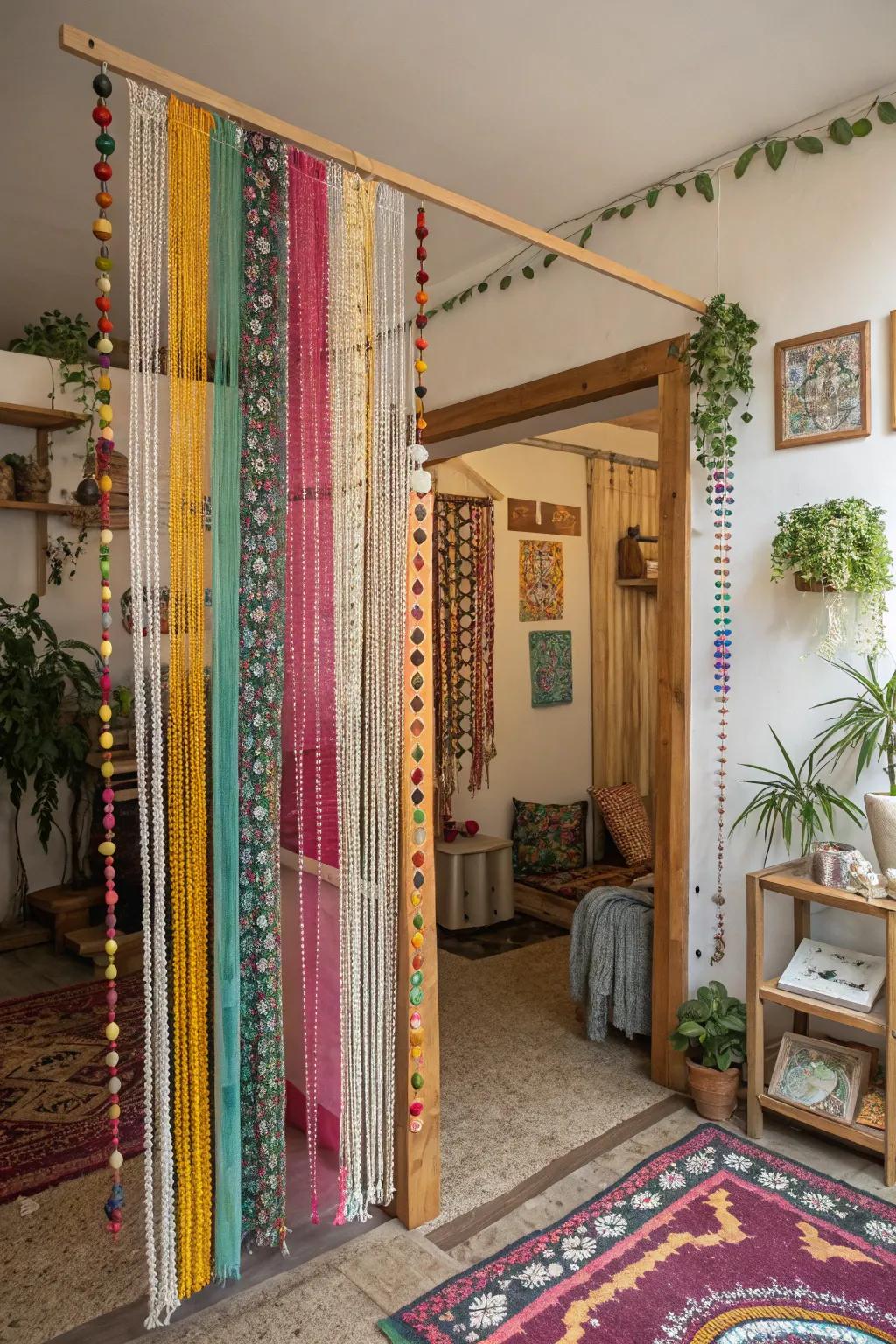 Beaded curtains add a whimsical and retro touch.