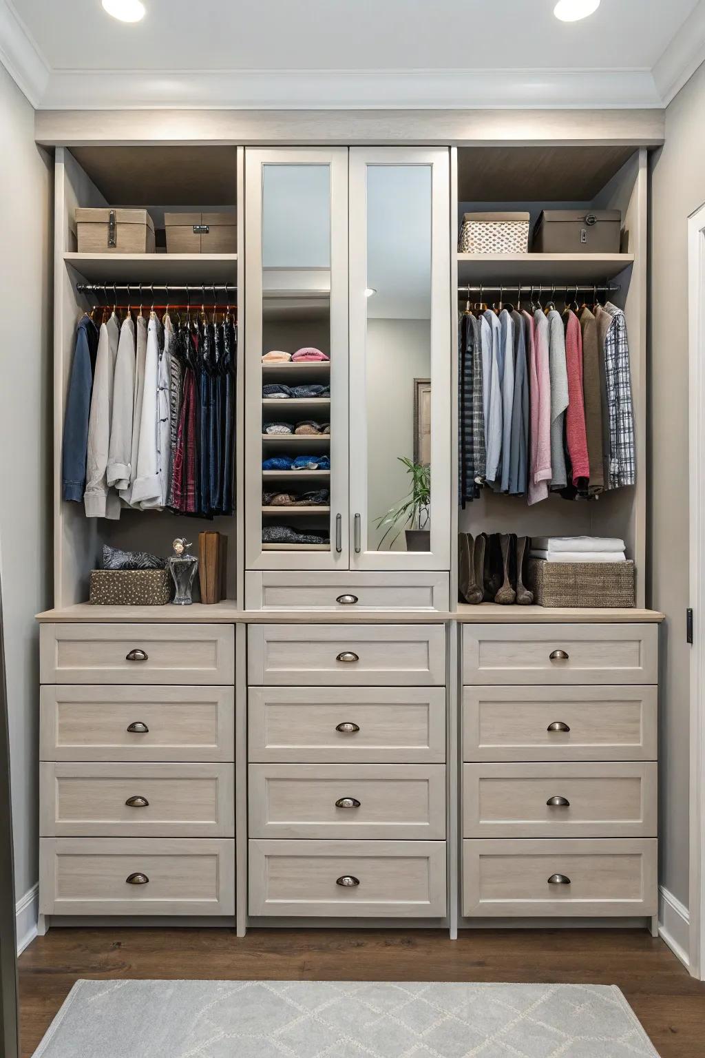 Symmetrical dressers in a closet, promoting balance and order.