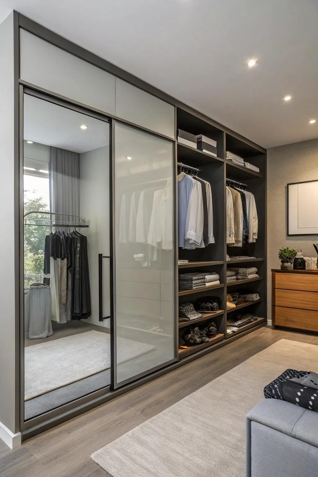 A closet with sleek sliding doors that save space and add modern elegance.