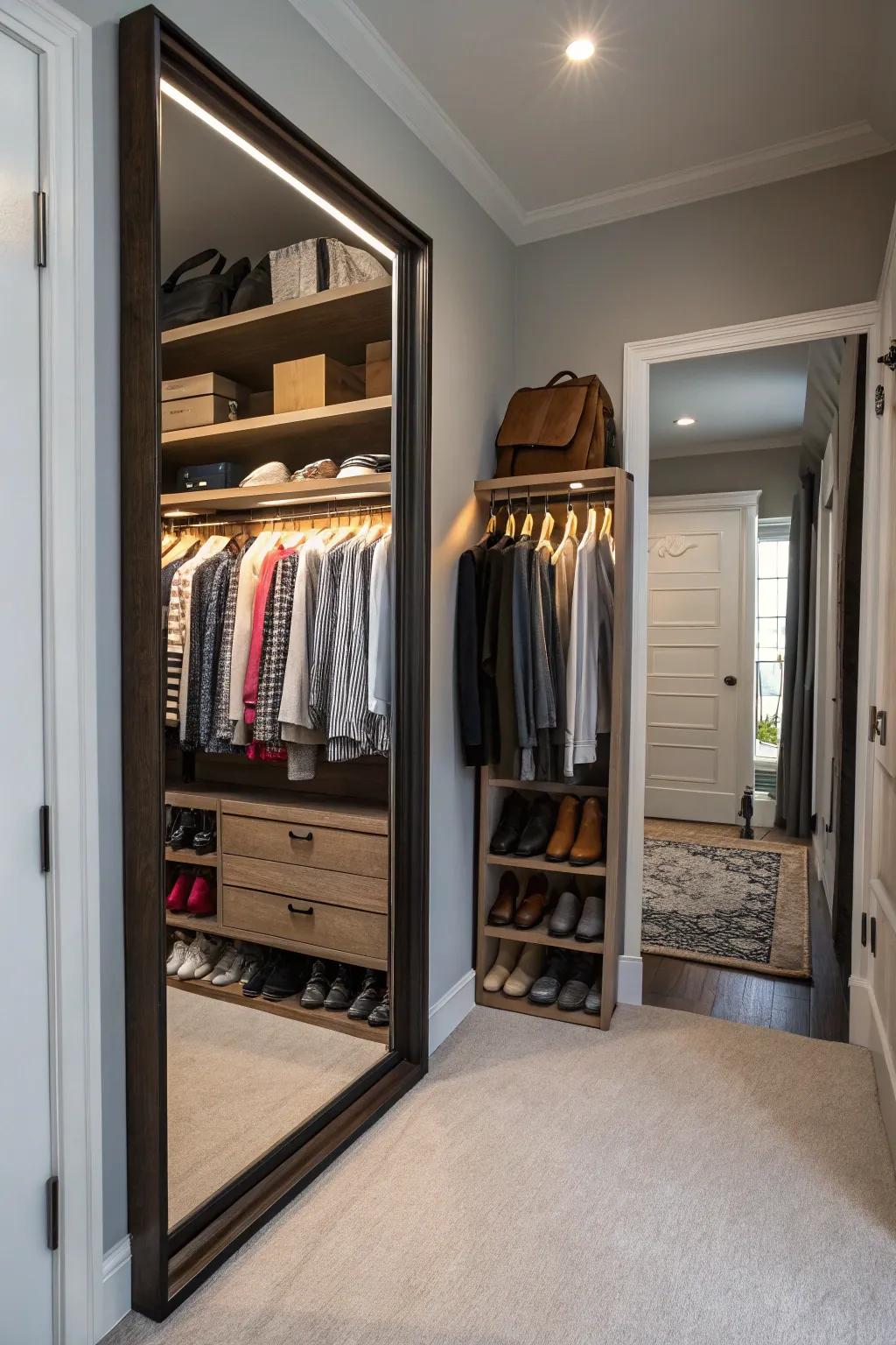 Enhance your closet with a mirror for outfit checks and added spaciousness.