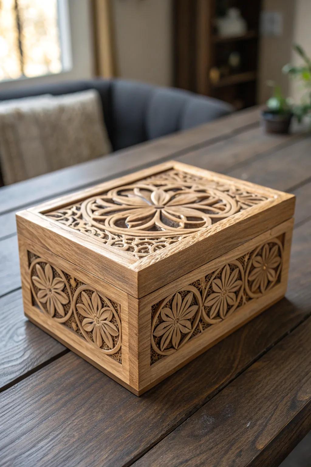Elevate your gifting with eco-friendly craftsmanship: a beautifully carved wooden box that speaks volumes.