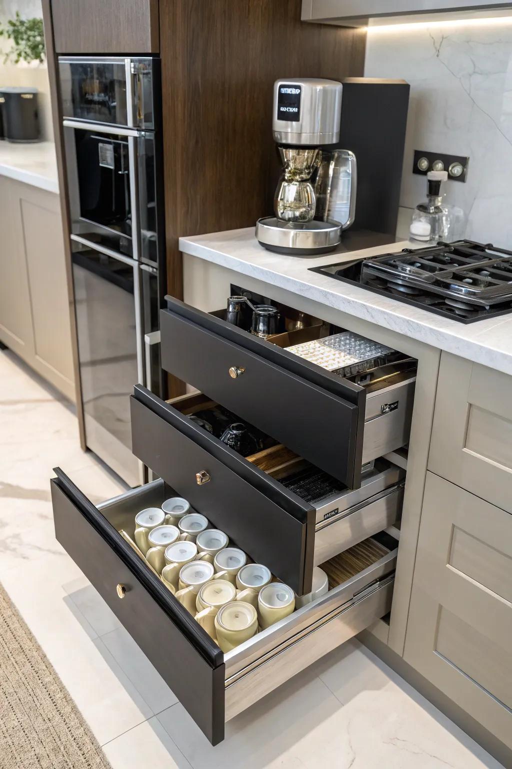 Pull-out drawers offer a sophisticated storage solution.