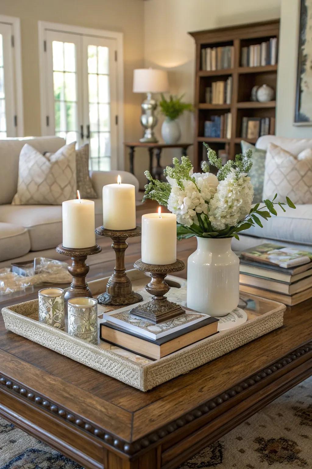 Symmetrical arrangements bring balance to the coffee table.