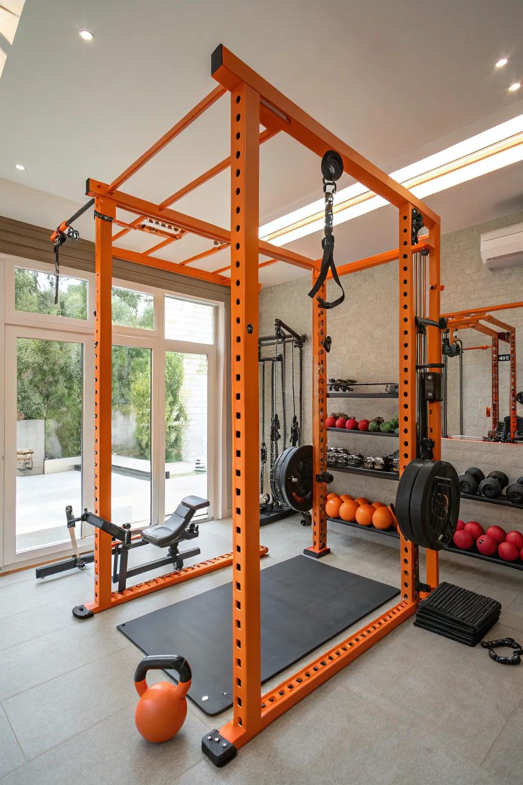 An energetic workout space with vibrant orange tones.