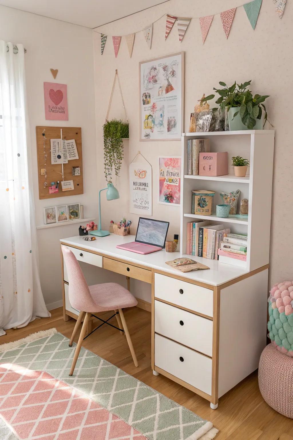 A functional study area with a modular desk supports learning and creativity in this girls' room.