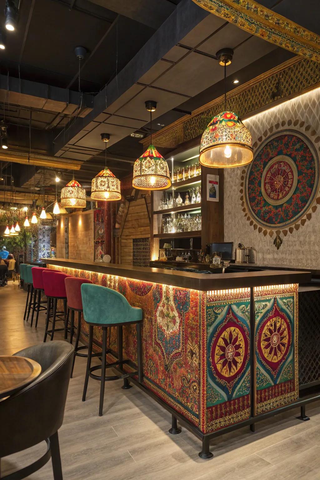 A salon bar with a cultural fusion decor, blending Indian and Western influences.