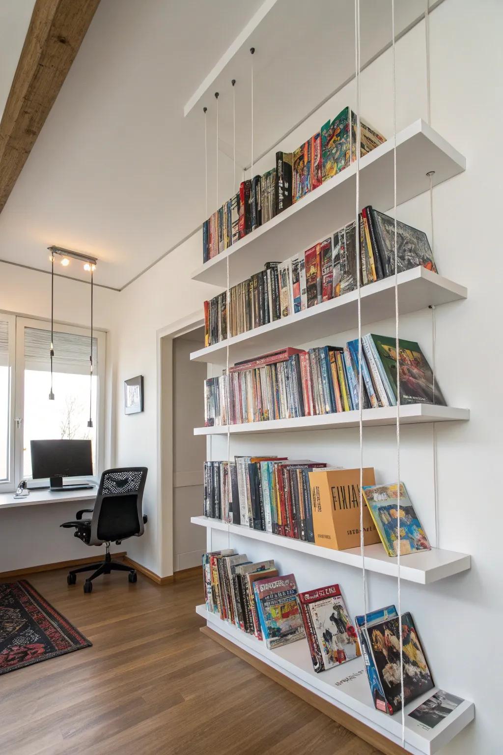 Floating bookshelves offer a sleek and modern comic storage solution.