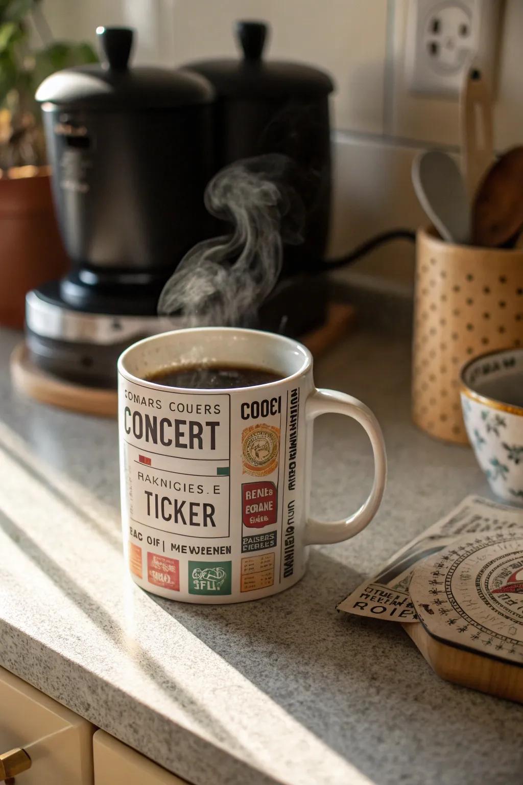 Coffee mug with concert ticket designs.