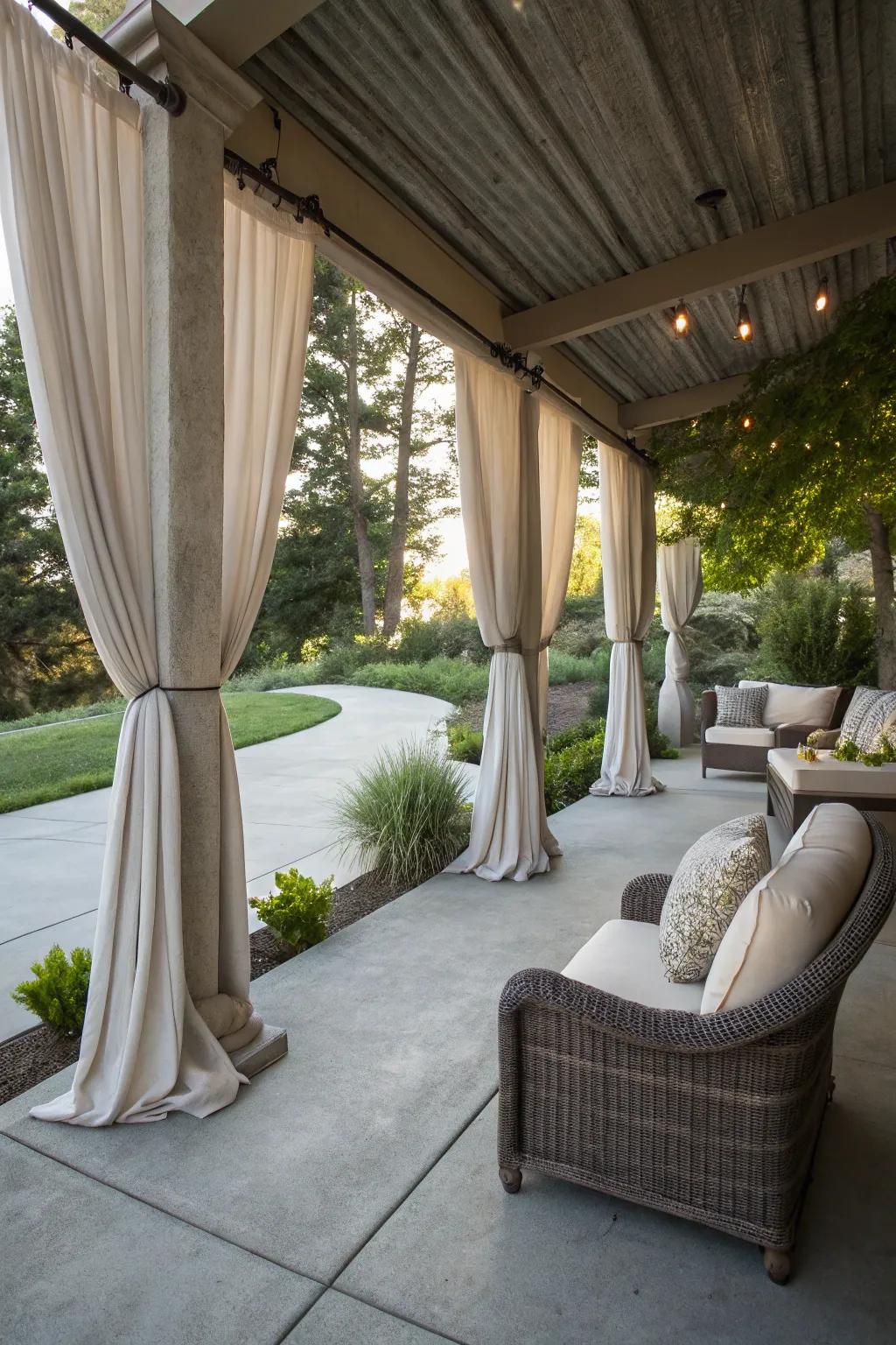 Outdoor curtains provide privacy and a touch of elegance.