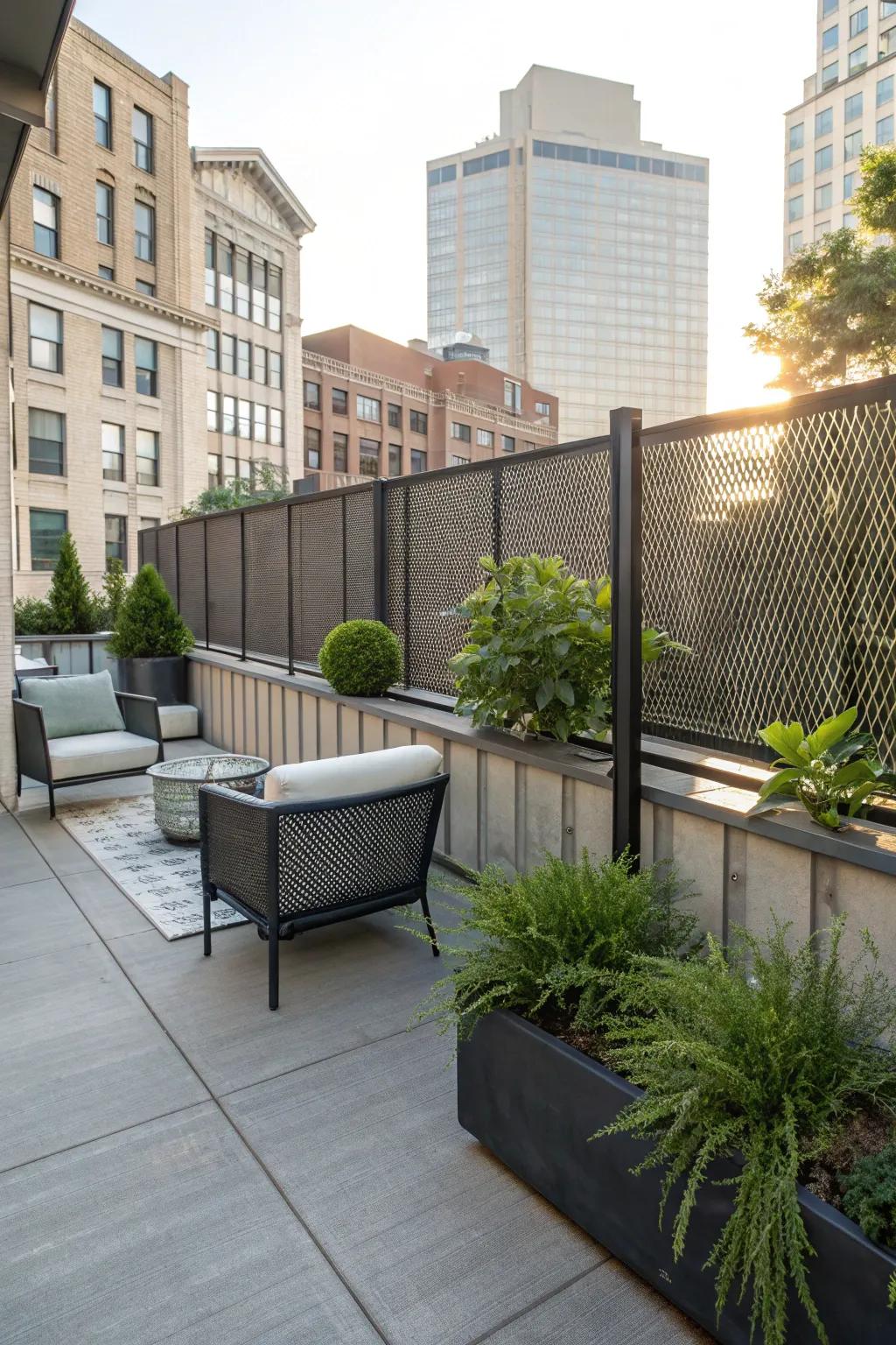 Privacy screens provide seclusion and style for concrete patios.