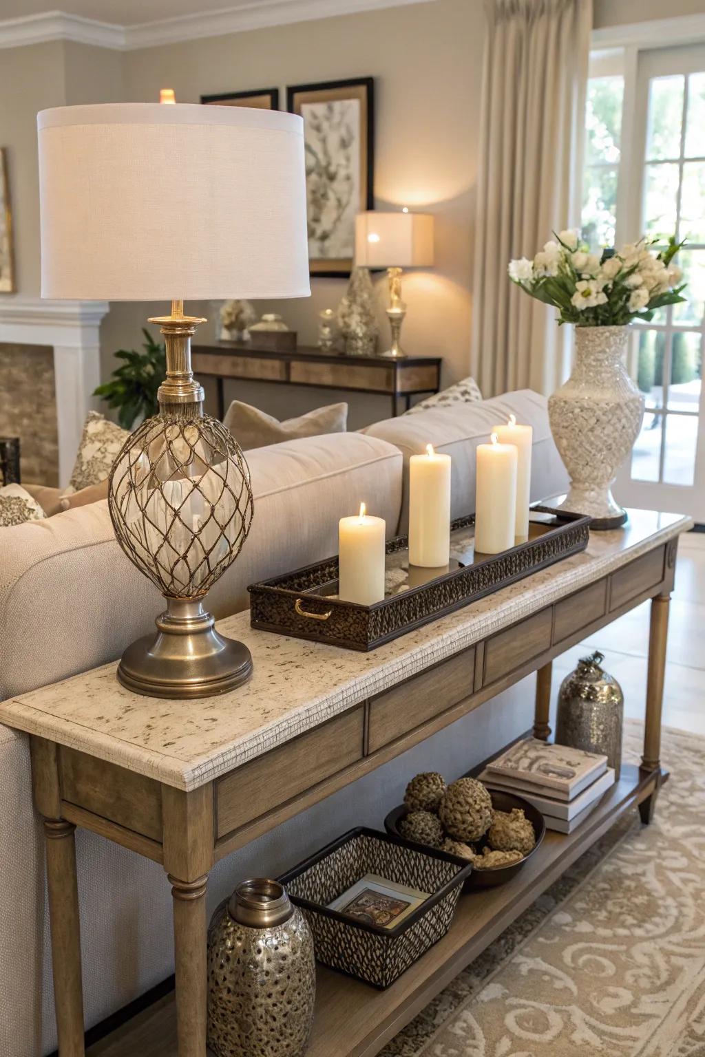 A console table adds elegance behind a sofa in the living room.