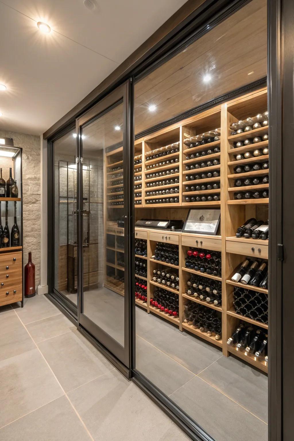 A luxurious wine storage room with elegant glass doors.