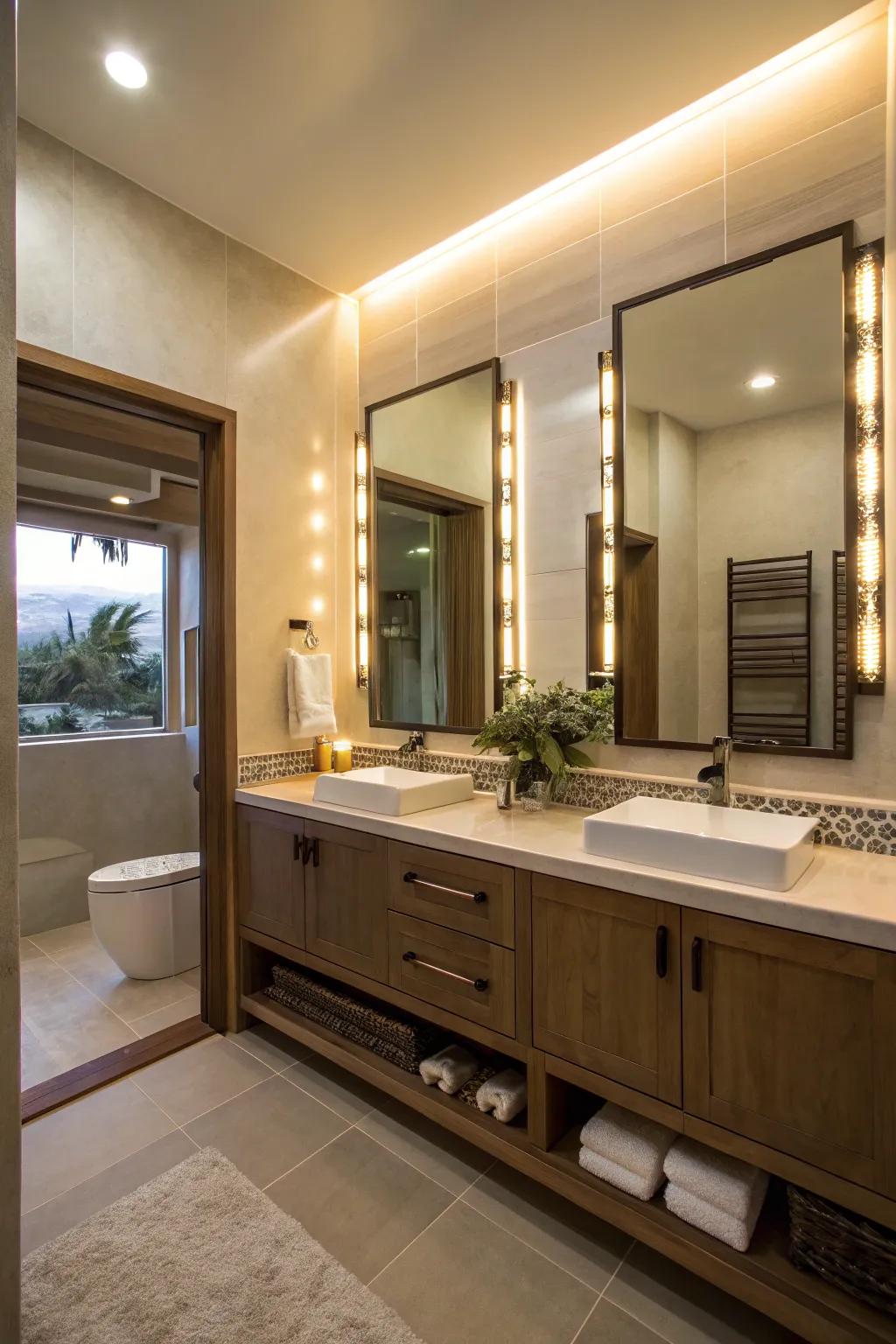 Layered lighting adds depth and mood to the bathroom.