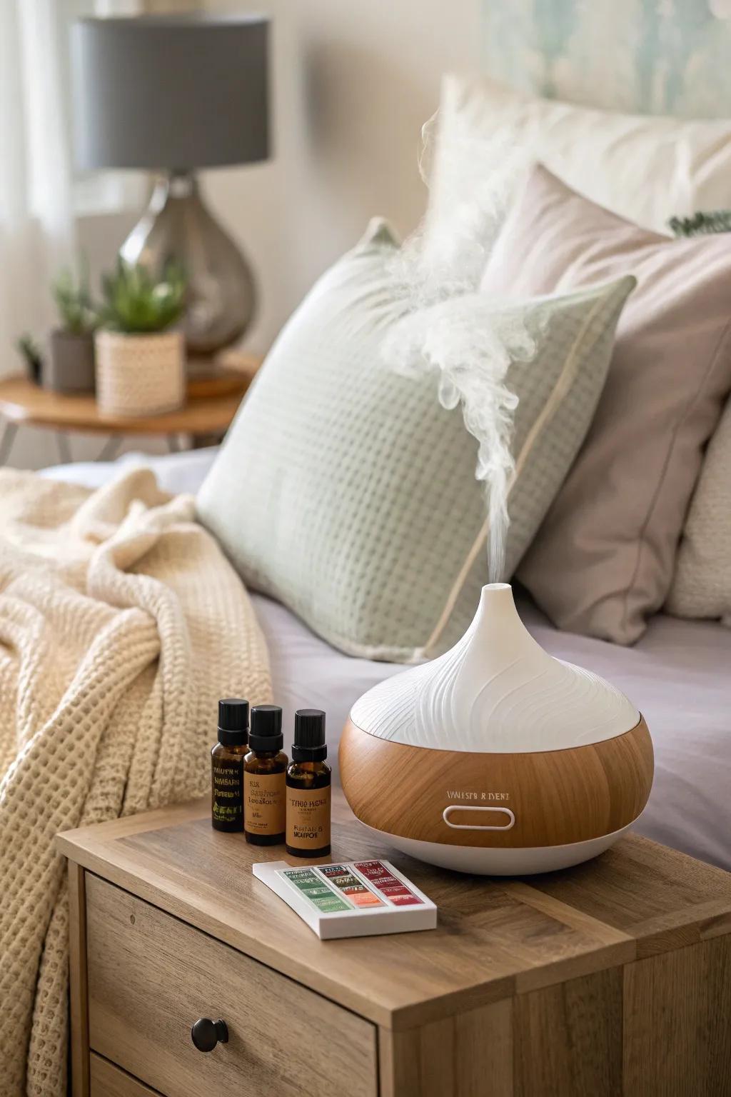 Elegant aromatherapy diffuser with essential oils in a serene bedroom.