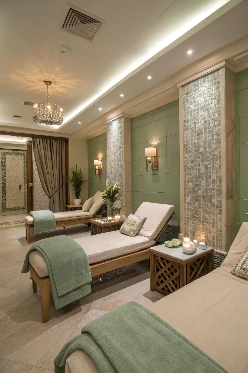 A tranquil spa room with a soothing sage green and beige palette.