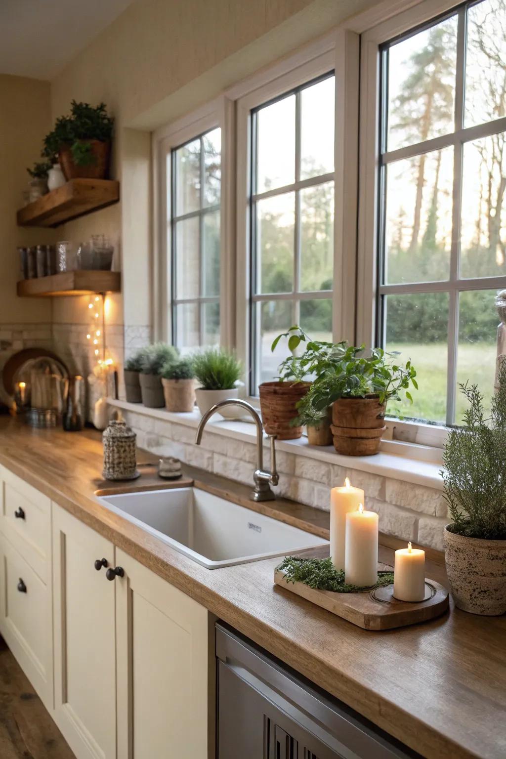 Extended windowsills maximize small item storage in the kitchen.