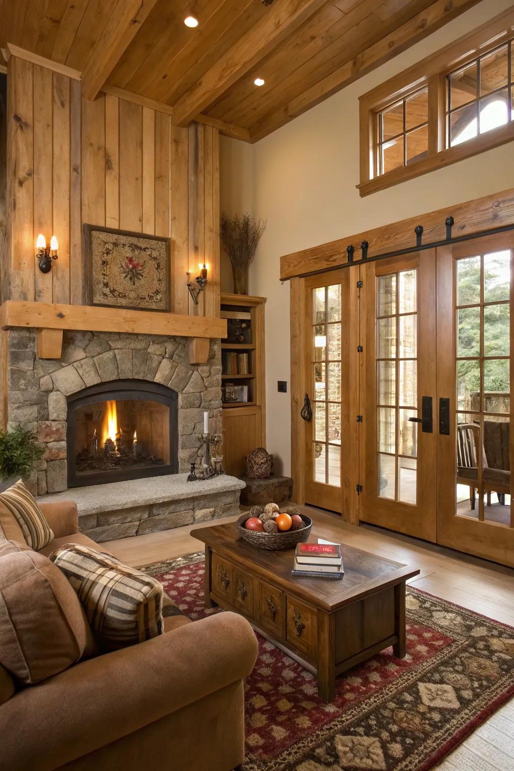 Natural wood adds warmth and authenticity to country living rooms.