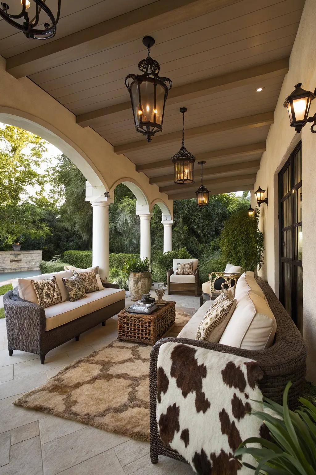 Cowhide adds luxury to covered outdoor spaces.