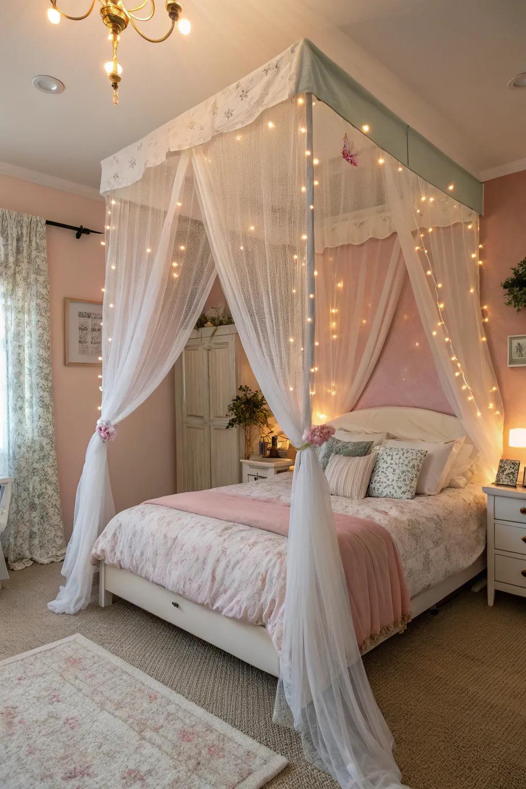 A canopy adds a dreamy and cozy vibe to this bedroom.