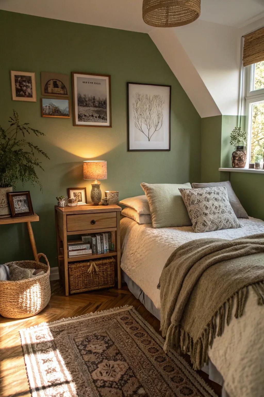 Warm lighting enhances the cozy and inviting feel of an olive green bedroom.