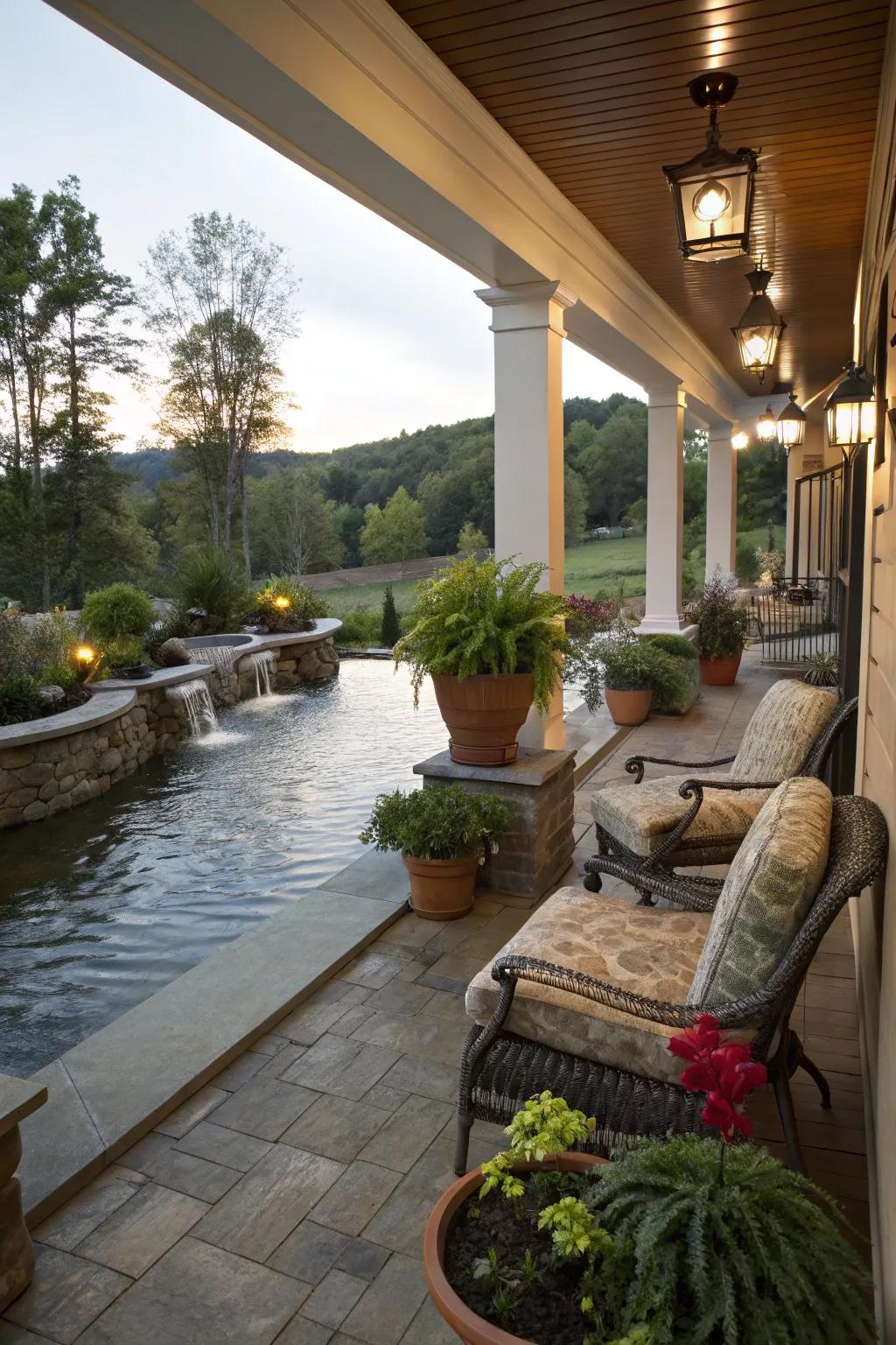 A water feature brings serenity and charm to a porch.