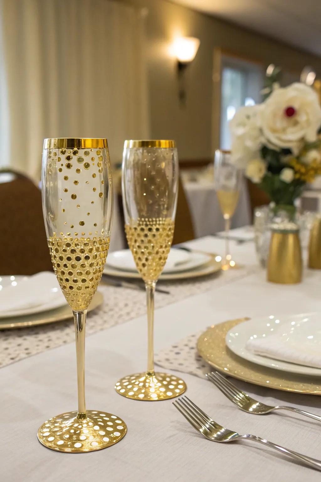 Elegant gold polka dot champagne flutes, perfect for a celebratory toast with mom.