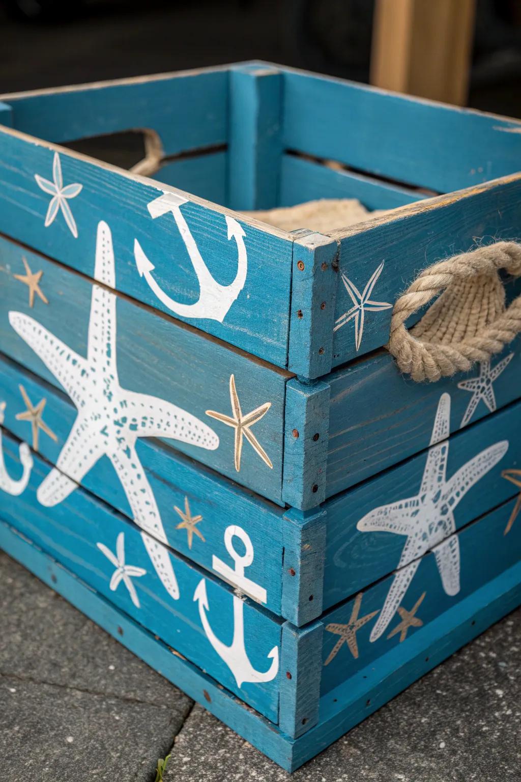 Bring the sea home with this exquisitely painted nautical crate, perfect for those who appreciate artistry and craftsmanship.