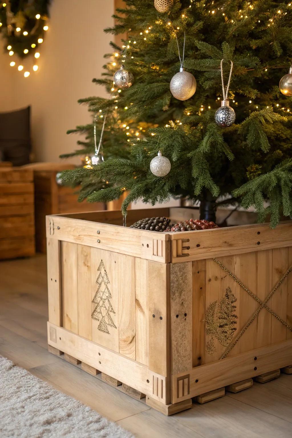 Elevate your holiday spirit with a handcrafted crate base for your Christmas tree.