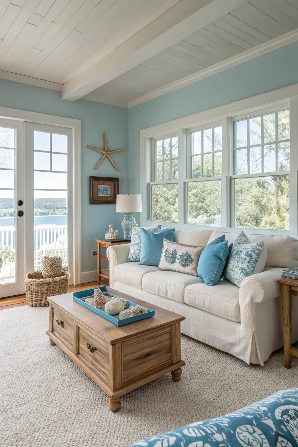 A coastal theme brings a refreshing and breezy atmosphere to a cream carpeted room.