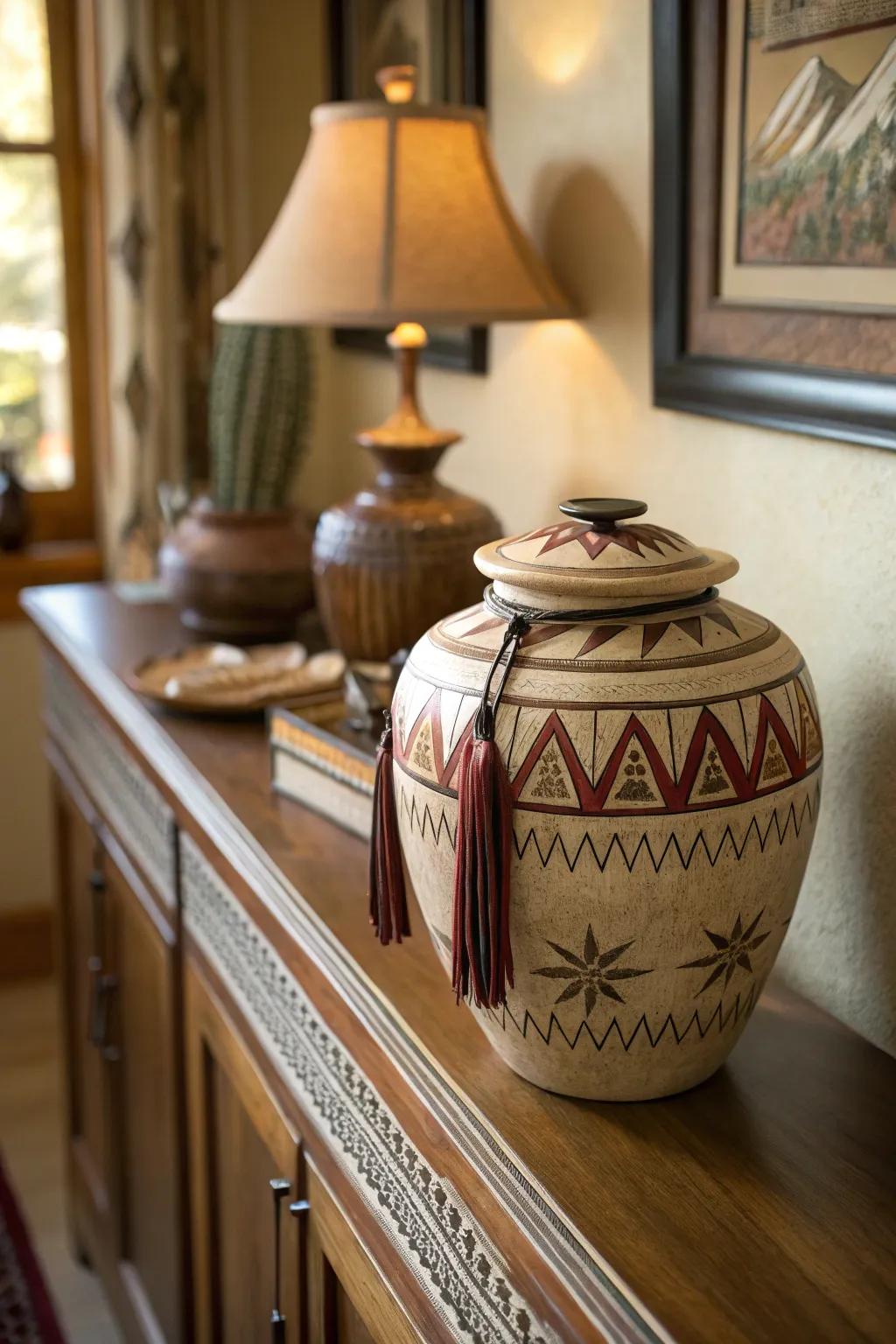 A kiva jar with a lid offers both beauty and functionality.